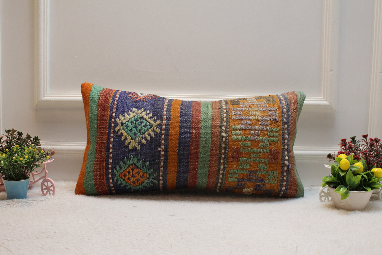 Vintage Kilim Lumbar Pillow Cover: Blue & Orange Woven Rug, 12x24 inc
