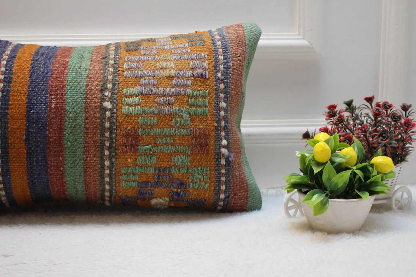 Vintage Kilim Lumbar Pillow Cover: Blue & Orange Woven Rug, 12x24 inc