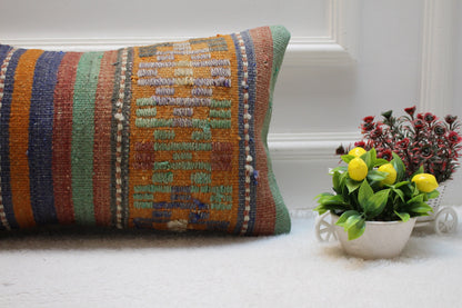 Vintage Kilim Lumbar Pillow Cover: Blue & Orange Woven Rug, 12x24 inc