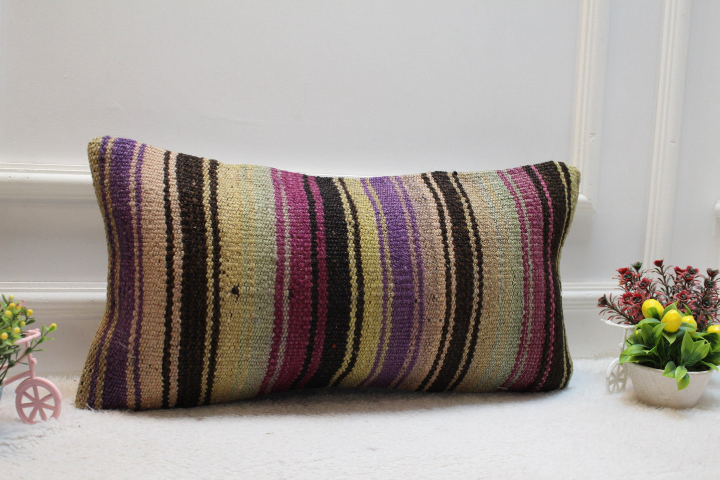 Striped Kilim Pillow Cover: Handmade Upcycled Wool, Purple Black Beige (12x24 in)