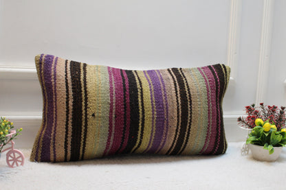 Striped Kilim Pillow Cover: Handmade Upcycled Wool, Purple Black Beige (12x24 in)