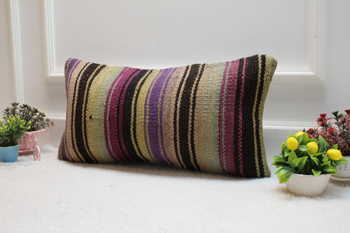 Striped Kilim Pillow Cover: Handmade Upcycled Wool, Purple Black Beige (12x24 in)