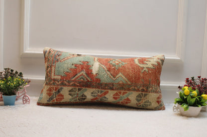 Handmade Turkish Rug Lumbar Pillow Cover: Geometric Kilim Design (12x24 in)