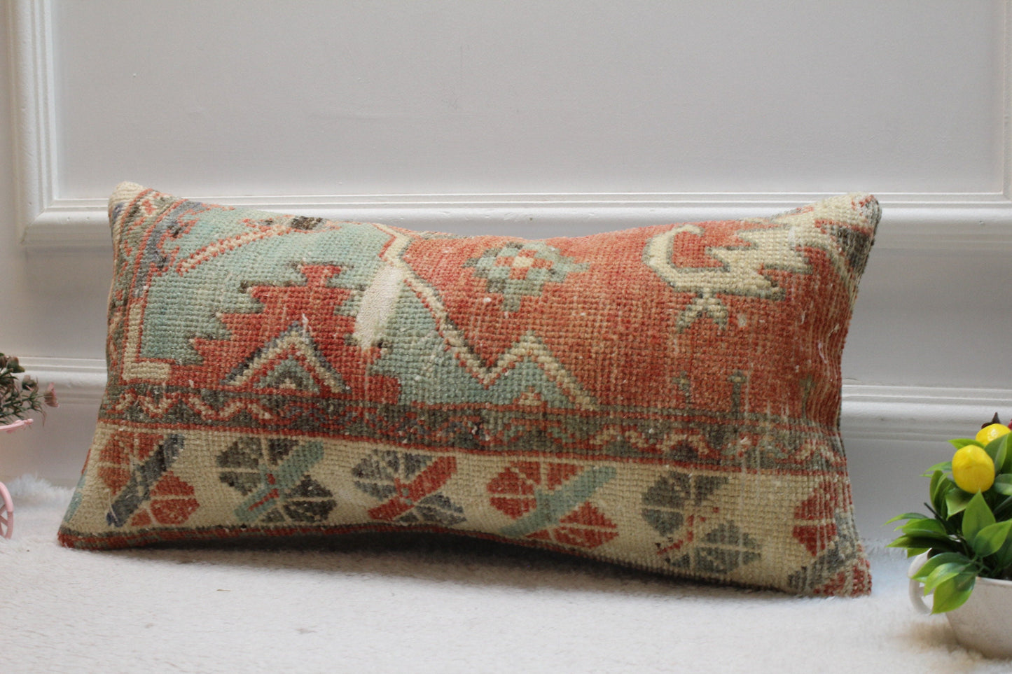 Handmade Turkish Rug Lumbar Pillow Cover: Geometric Kilim Design (12x24 in)