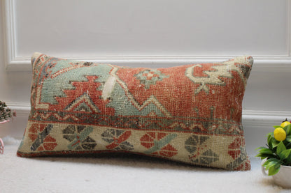 Handmade Turkish Rug Lumbar Pillow Cover: Geometric Kilim Design (12x24 in)