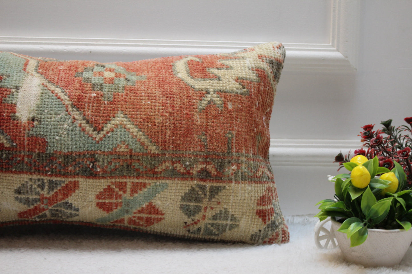 Handmade Turkish Rug Lumbar Pillow Cover: Geometric Kilim Design (12x24 in)