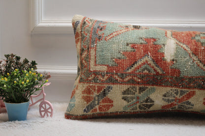 Handmade Turkish Rug Lumbar Pillow Cover: Geometric Kilim Design (12x24 in)