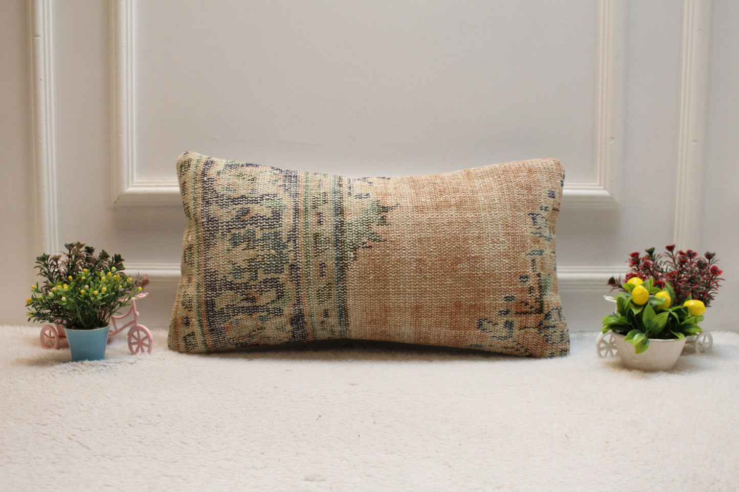 Orange & Blue Turkish Rug Pillow Cover: Vintage Wool Lumbar Pillow (12x24 in)
