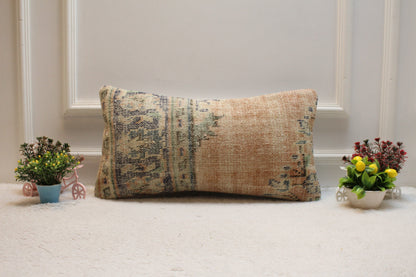 Orange & Blue Turkish Rug Pillow Cover: Vintage Wool Lumbar Pillow (12x24 in)