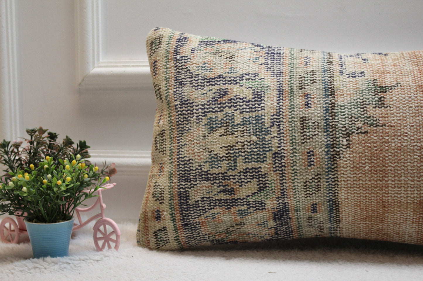 Orange & Blue Turkish Rug Pillow Cover: Vintage Wool Lumbar Pillow (12x24 in)