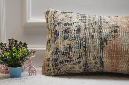 Orange & Blue Turkish Rug Pillow Cover: Vintage Wool Lumbar Pillow (12x24 in)