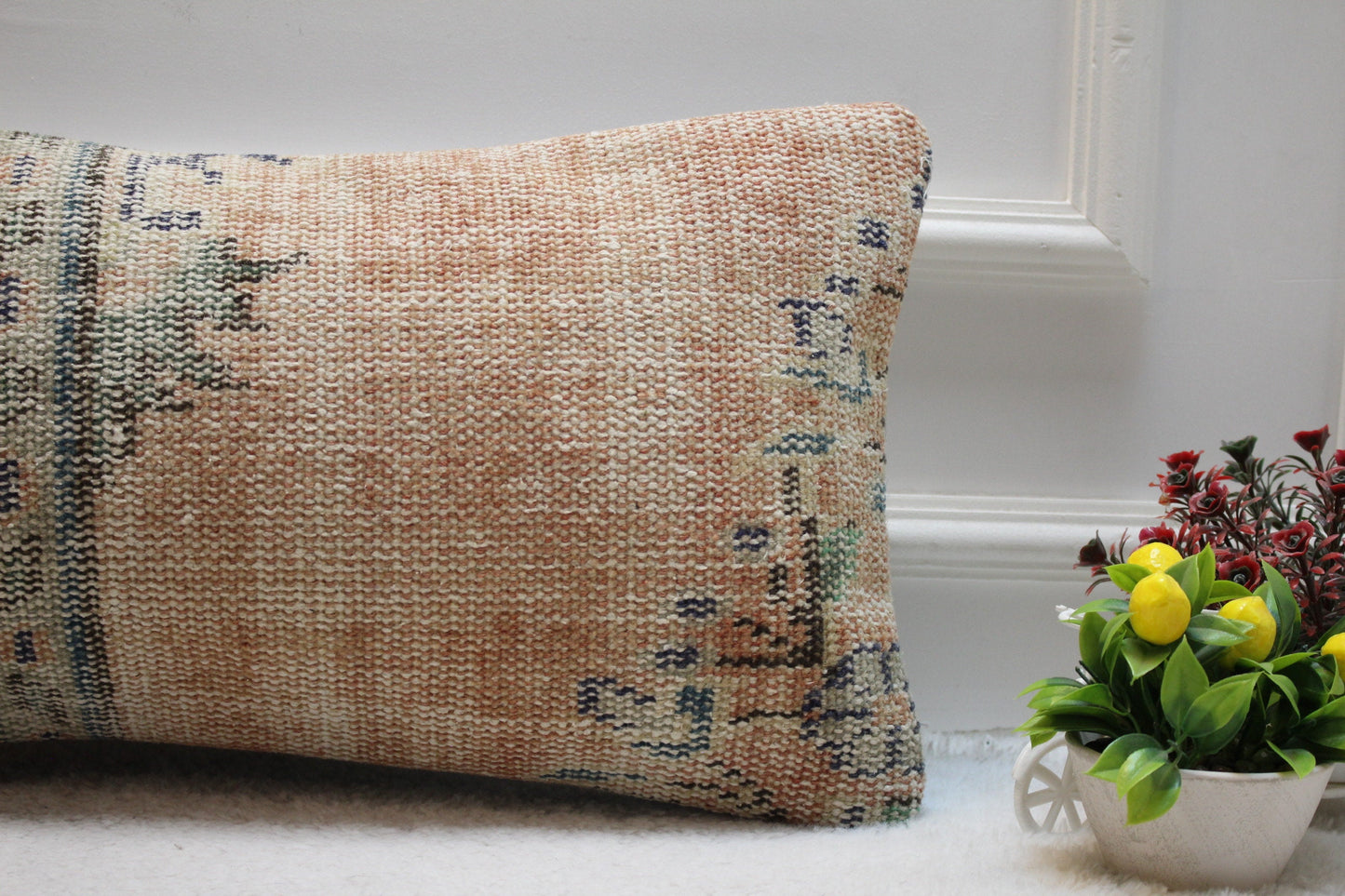 Orange & Blue Turkish Rug Pillow Cover: Vintage Wool Lumbar Pillow (12x24 in)