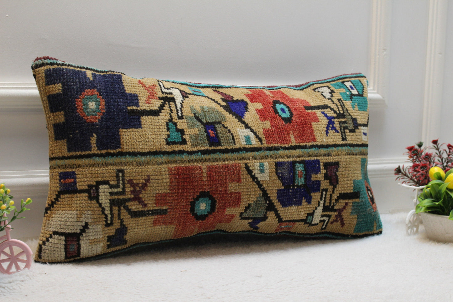 Floral Turkish Rug Lumbar Pillow Cover: Vintage Kilim, 12x24 inc