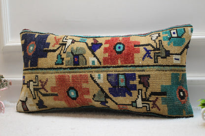 Floral Turkish Rug Lumbar Pillow Cover: Vintage Kilim, 12x24 inc