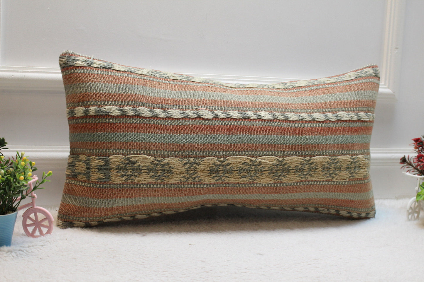 Handmade Kilim Lumbar Pillow Cover: Vintage Turkish Wool, 12x24