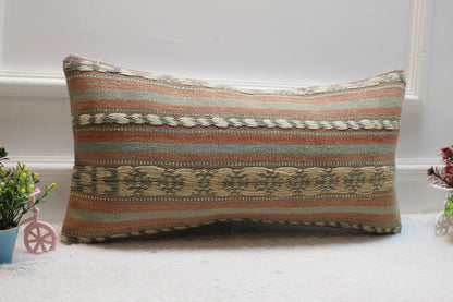 Handmade Kilim Lumbar Pillow Cover: Vintage Turkish Wool, 12x24
