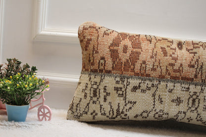 Floral Turkish Rug Lumbar Pillow Cover: Handmade Wool, 12x24 inch
