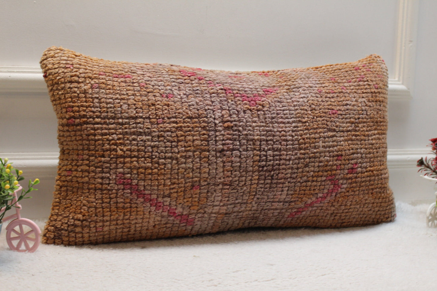 Handmade Orange Turkish Rug Lumbar Pillow Cover: Upcycled Wool, 12x24