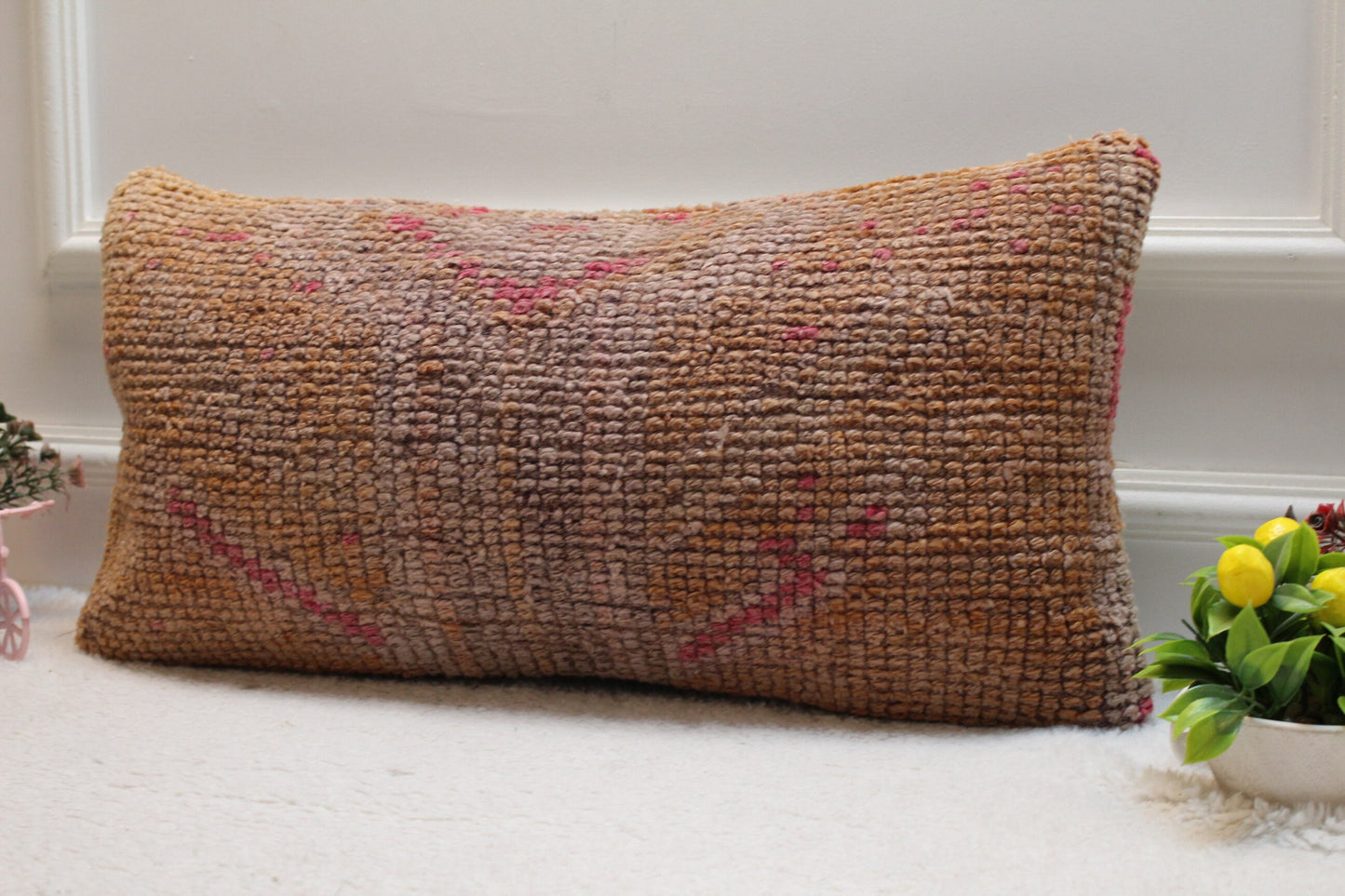 Handmade Orange Turkish Rug Lumbar Pillow Cover: Upcycled Wool, 12x24