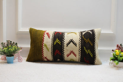 Handmade Kilim Lumbar Pillow Cover: Ethnic Woven Rug Design, 12x24 inch