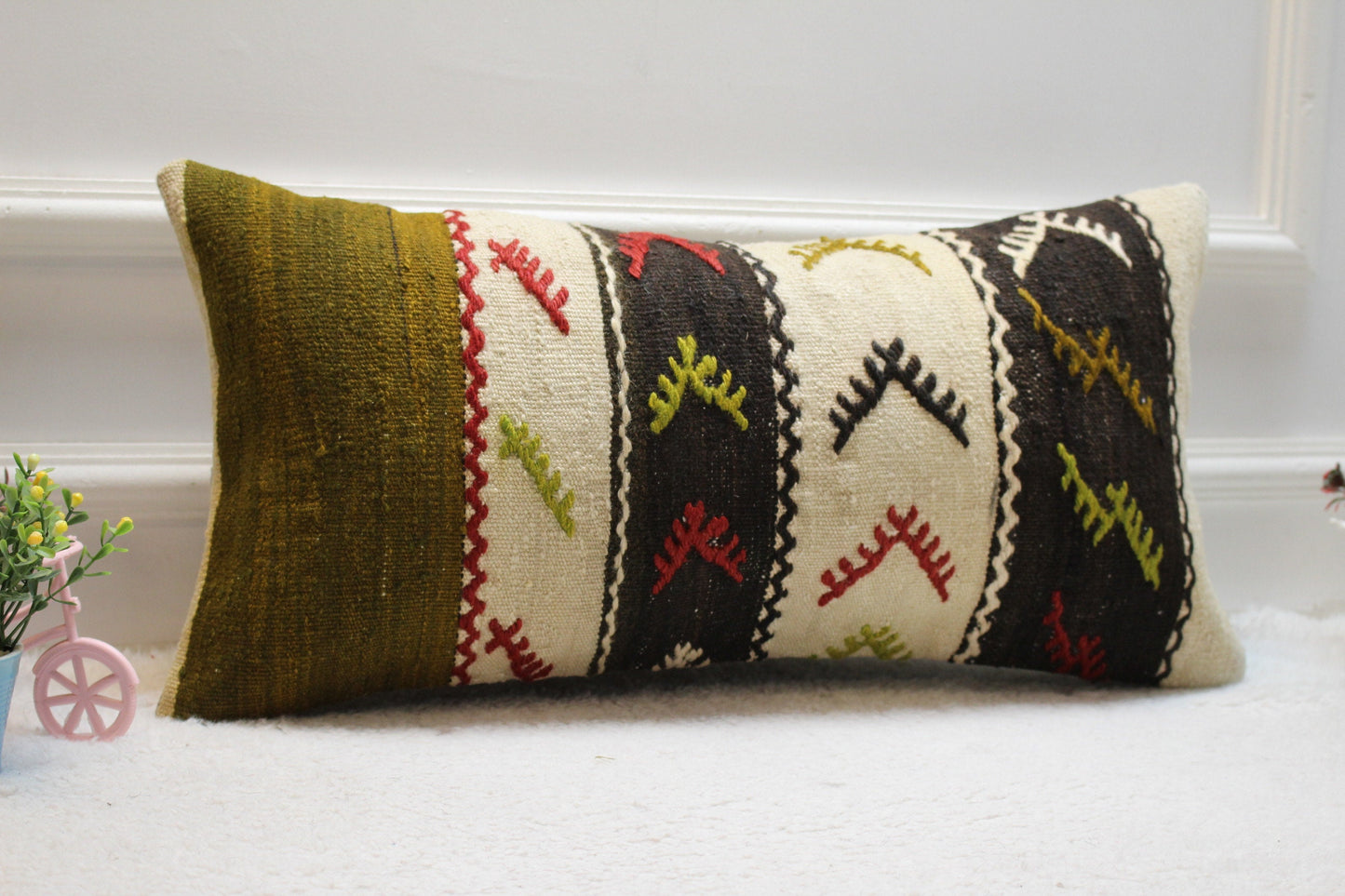 Handmade Kilim Lumbar Pillow Cover: Ethnic Woven Rug Design, 12x24 inch