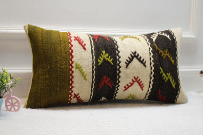 Handmade Kilim Lumbar Pillow Cover: Ethnic Woven Rug Design, 12x24 inch