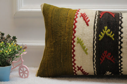 Handmade Kilim Lumbar Pillow Cover: Ethnic Woven Rug Design, 12x24 inch