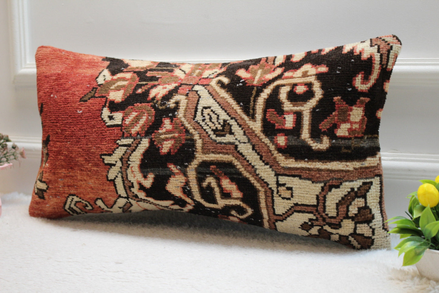 Handmade Red & Black Turkish Rug Lumbar Pillow Cover (12x24 in)