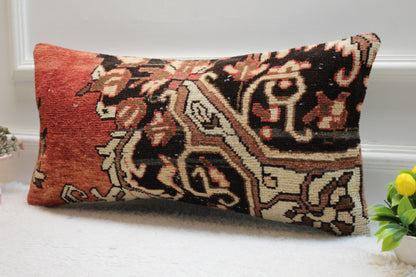 Handmade Red & Black Turkish Rug Lumbar Pillow Cover (12x24 in)