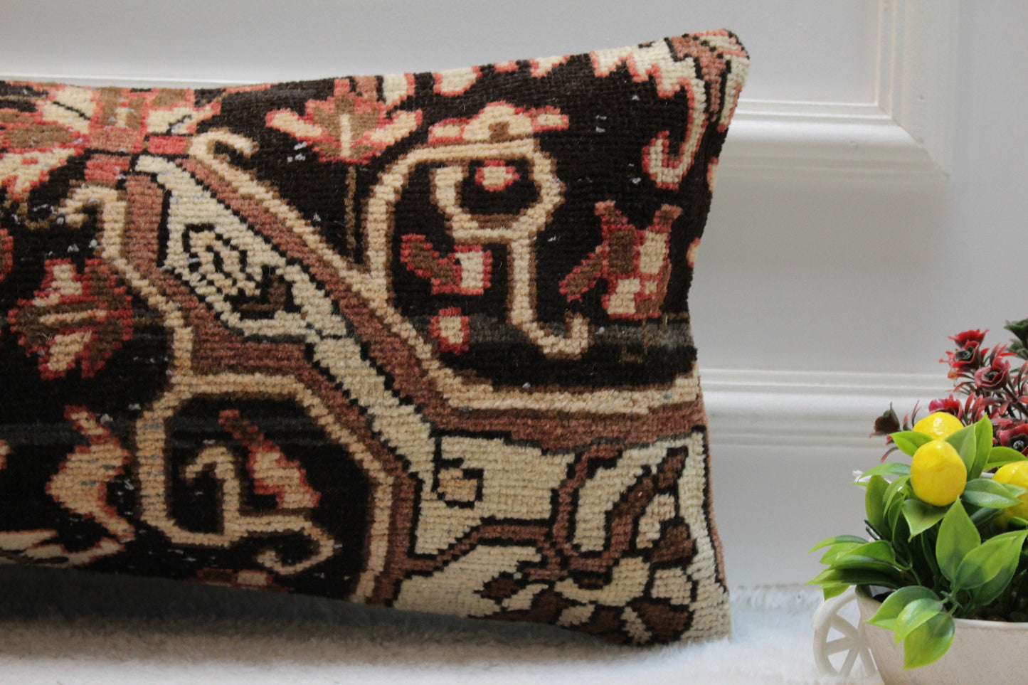 Handmade Red & Black Turkish Rug Lumbar Pillow Cover (12x24 in)