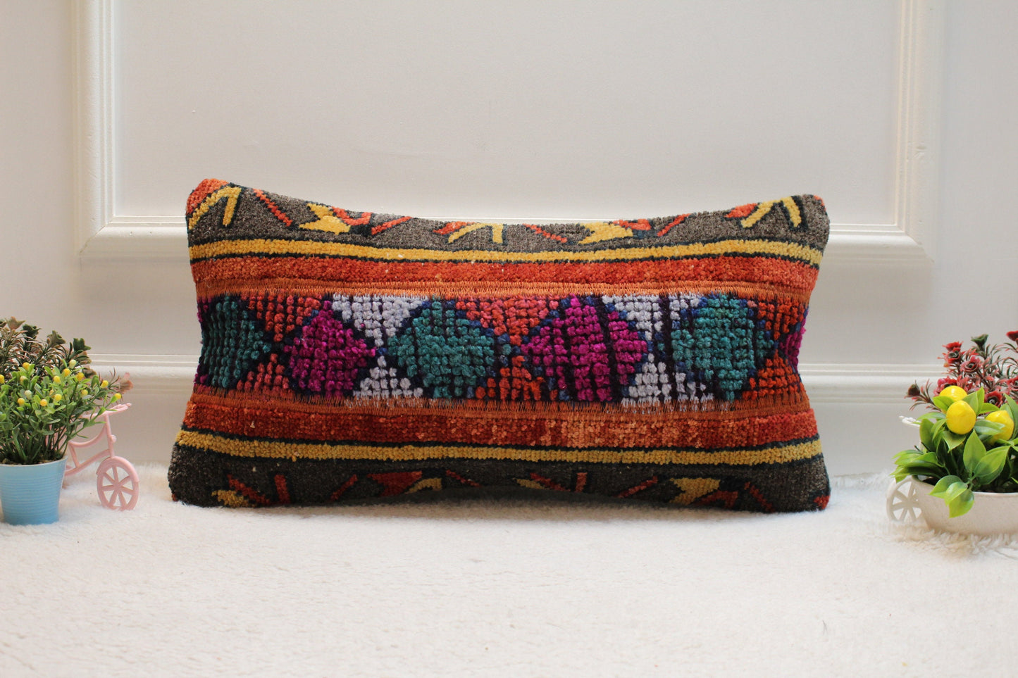 Vivid Turkish Rug Lumbar Pillow Cover: Colorful Wool Throw Pillow (12x24 in)
