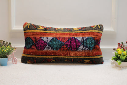 Vivid Turkish Rug Lumbar Pillow Cover: Colorful Wool Throw Pillow (12x24 in)
