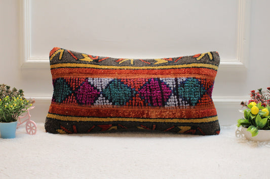 Vivid Turkish Rug Lumbar Pillow Cover: Colorful Wool Throw Pillow (12x24 in)