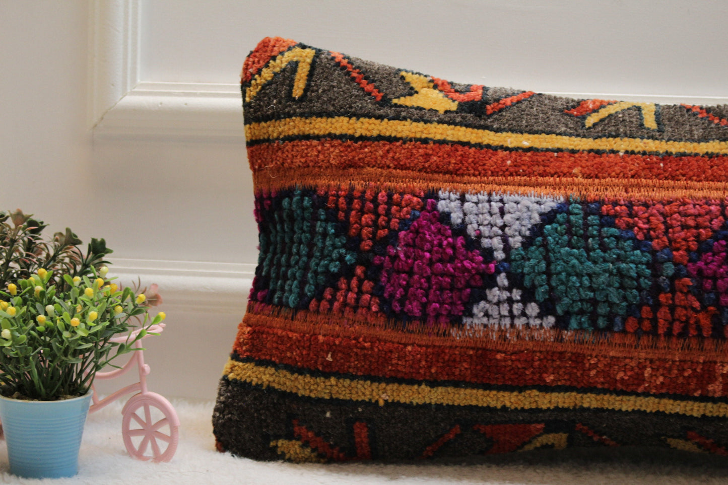 Vivid Turkish Rug Lumbar Pillow Cover: Colorful Wool Throw Pillow (12x24 in)
