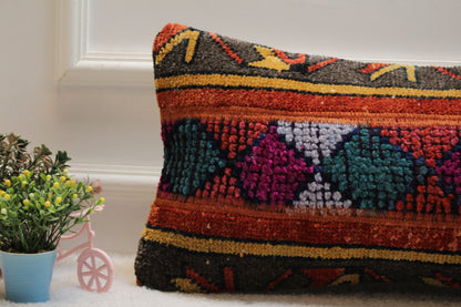 Vivid Turkish Rug Lumbar Pillow Cover: Colorful Wool Throw Pillow (12x24 in)