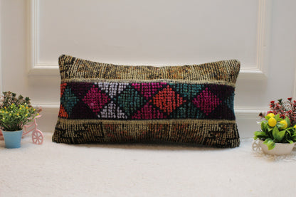 Hand Knotted Turkish Rug Pillow: Lumbar Wool Pillow Cover (12x24 inc)