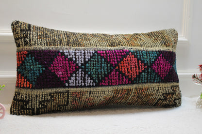 Hand Knotted Turkish Rug Pillow: Lumbar Wool Pillow Cover (12x24 inc)