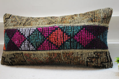 Hand Knotted Turkish Rug Pillow: Lumbar Wool Pillow Cover (12x24 inc)