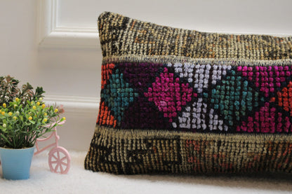 Hand Knotted Turkish Rug Pillow: Lumbar Wool Pillow Cover (12x24 inc)