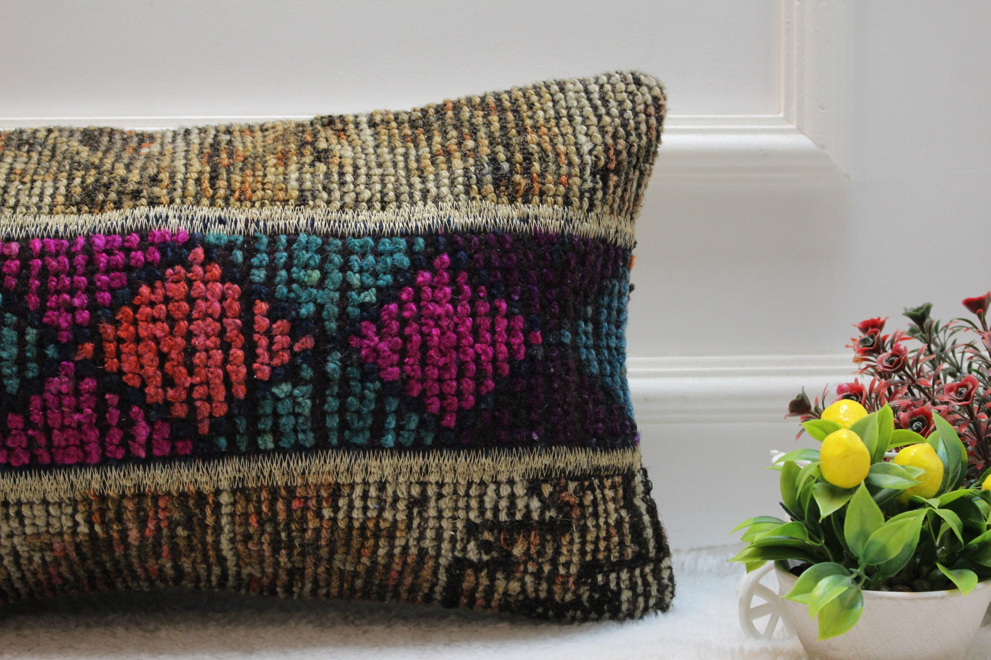 Hand Knotted Turkish Rug Pillow: Lumbar Wool Pillow Cover (12x24 inc)
