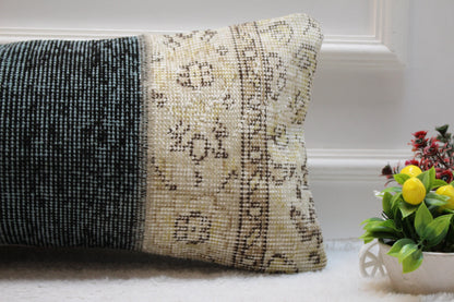 Handmade Wool Lumbar Pillow Cover: Beige & Blue Turkish Rug (12x24 in)
