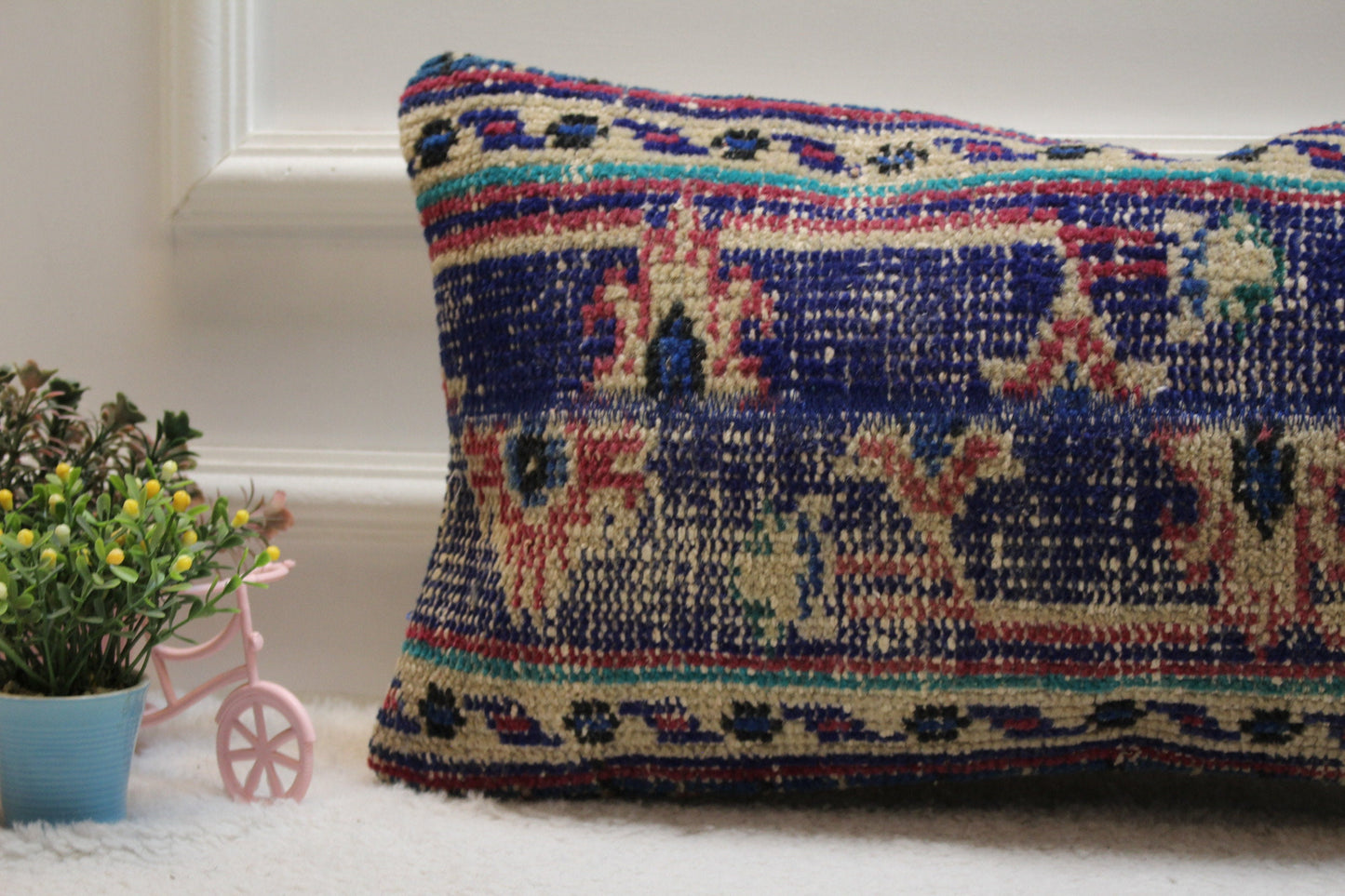 Blue Kilim Pillow Cover: Upcycled Wool Lumbar Pillow (12x24 in)