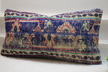 Blue Kilim Pillow Cover: Upcycled Wool Lumbar Pillow (12x24 in)