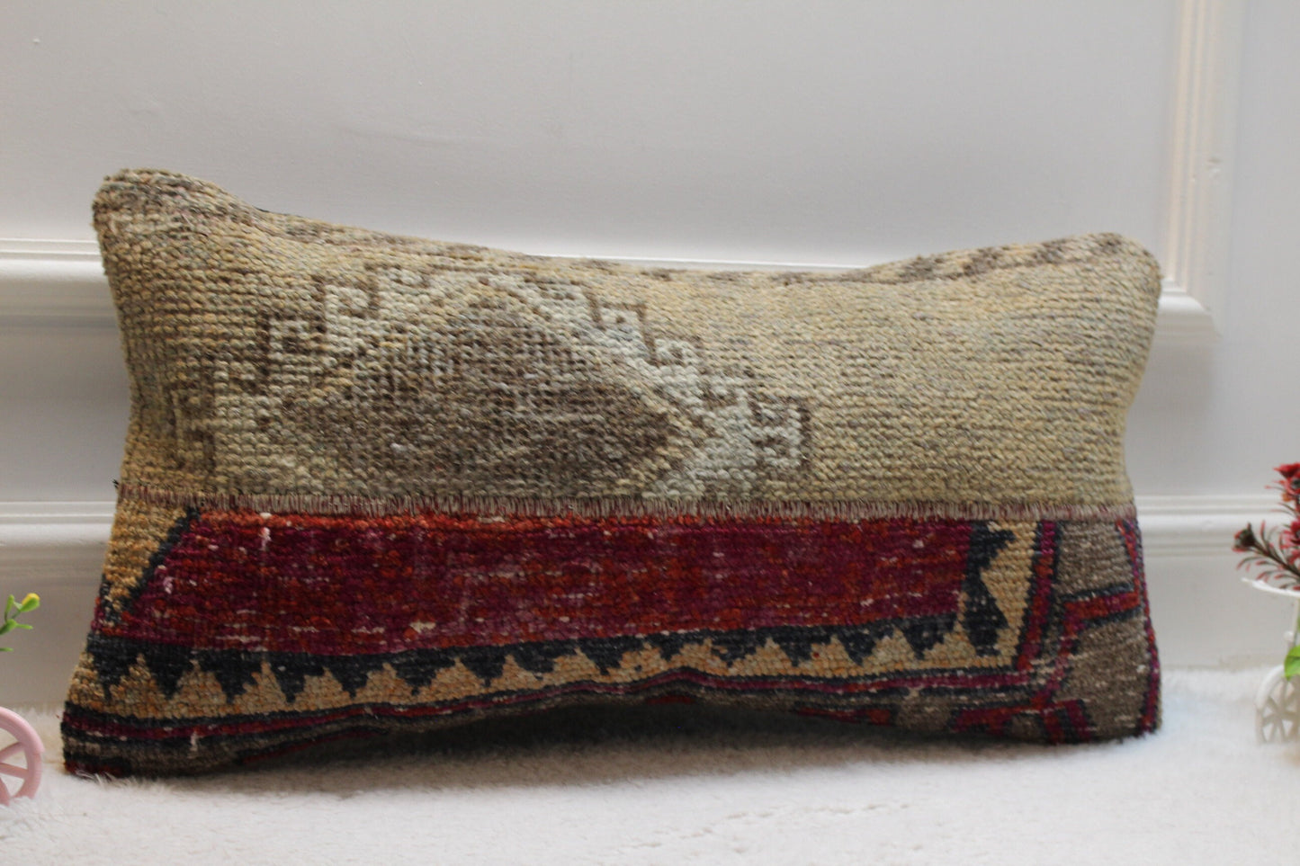Handwoven Kilim Lumbar Pillow Cover: Upcycled Wool, 12x24 inch