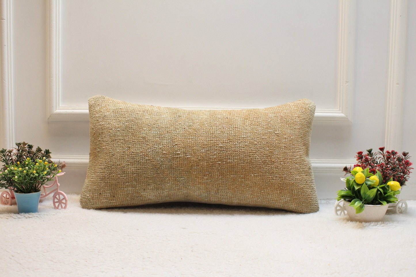 Handmade Kilim Lumbar Pillow Cover: Upcycled Wool, Beige 12x24 inch