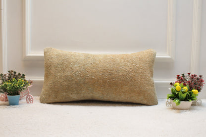 Handmade Kilim Lumbar Pillow Cover: Upcycled Wool, Beige 12x24 inch