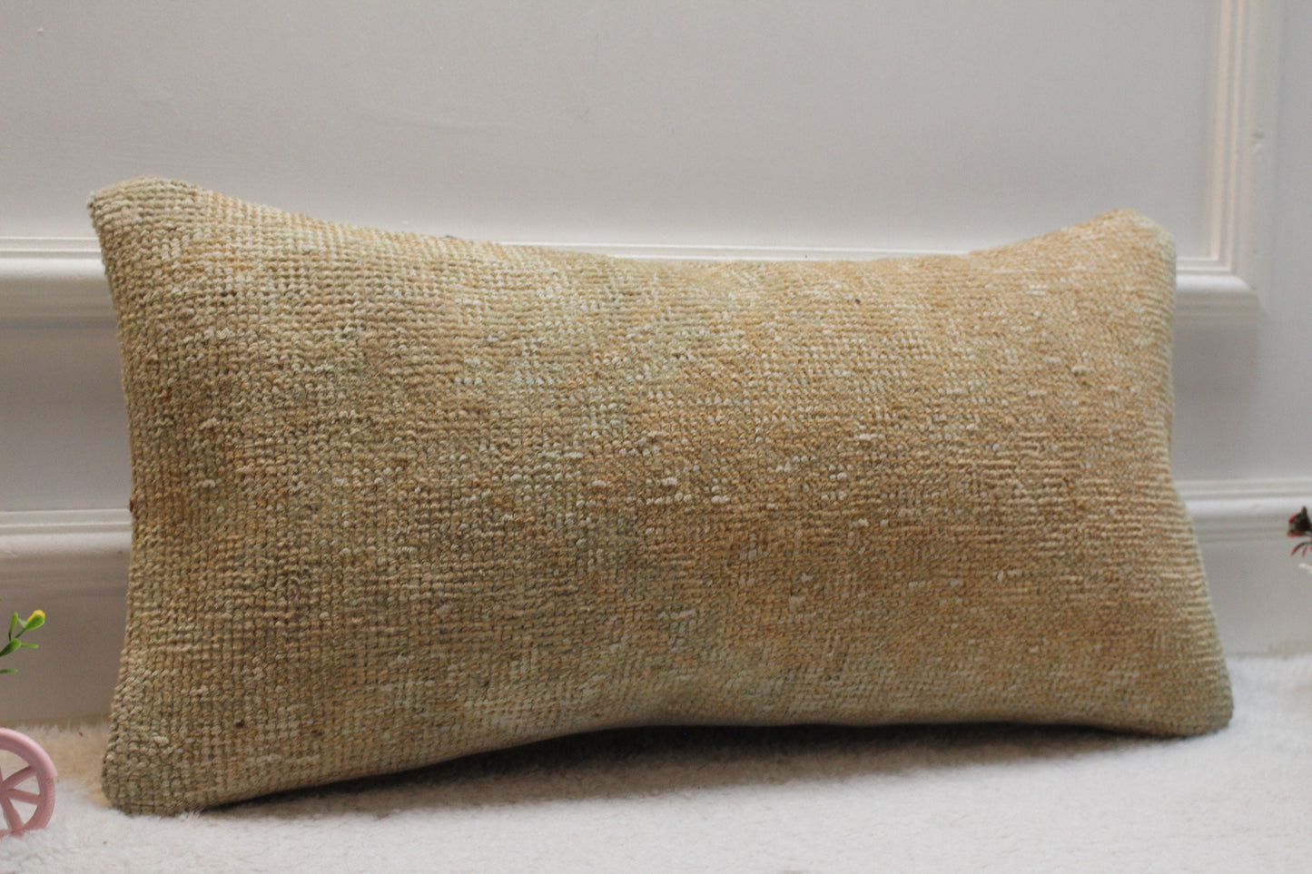 Handmade Kilim Lumbar Pillow Cover: Upcycled Wool, Beige 12x24 inch