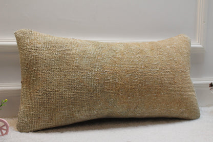 Handmade Kilim Lumbar Pillow Cover: Upcycled Wool, Beige 12x24 inch