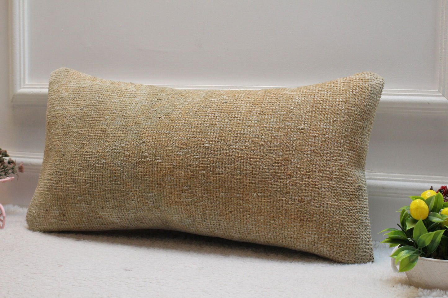 Handmade Kilim Lumbar Pillow Cover: Upcycled Wool, Beige 12x24 inch