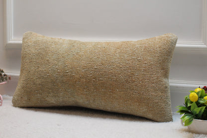 Handmade Kilim Lumbar Pillow Cover: Upcycled Wool, Beige 12x24 inch